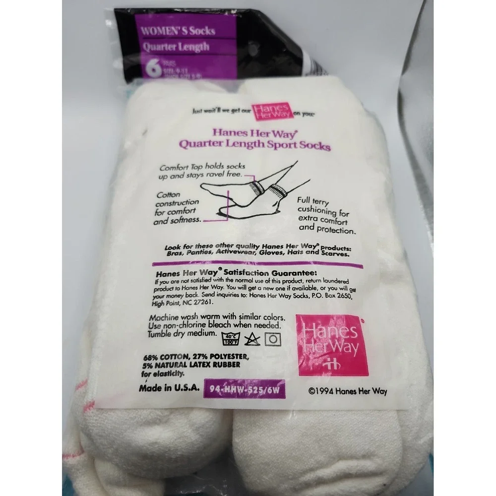 Vintage Women's Socks Hanes Her Way Cushion Quarter Sport 6 Pairs 1994 Size 9-11